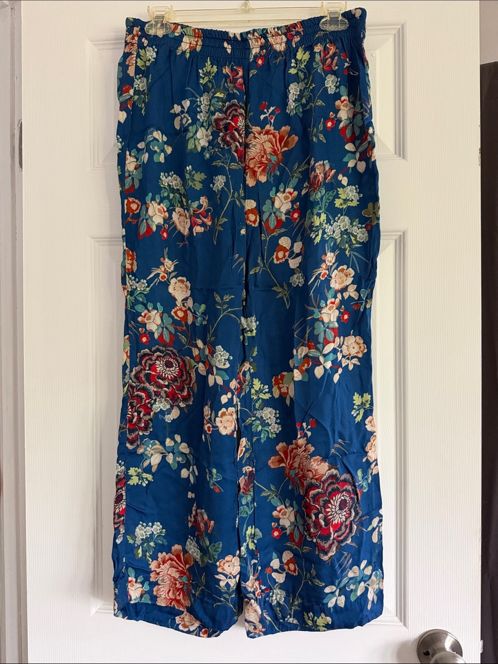 Zara Blue Satin Floral Wide-Leg Pants Size Large